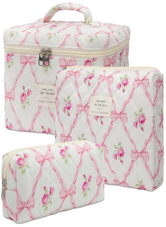 Lyrovo Makeup Organizer Cosmetic Bag Quilted Large Floral Make Up Organize Set for Women Flower Travel Toiletry Bag (Pink-Bow) - Image 1