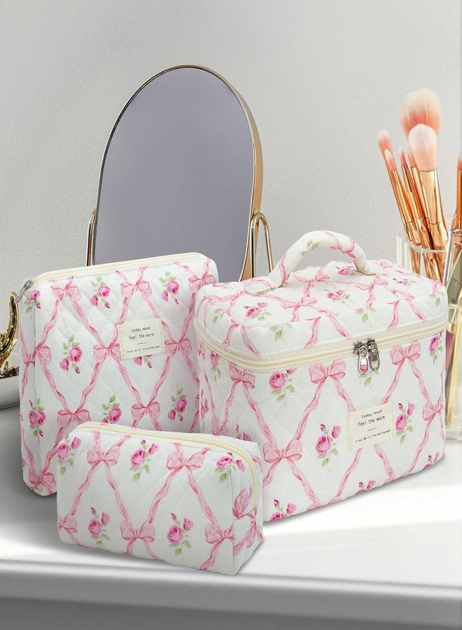 Lyrovo Makeup Organizer Cosmetic Bag Quilted Large Floral Make Up Organize Set for Women Flower Travel Toiletry Bag (Pink-Bow) - Image 2