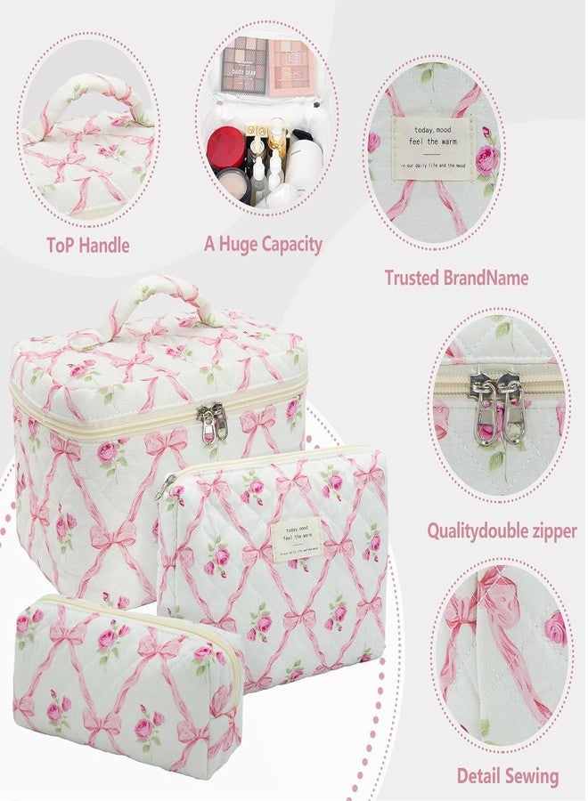 Lyrovo Makeup Organizer Cosmetic Bag Quilted Large Floral Make Up Organize Set for Women Flower Travel Toiletry Bag (Pink-Bow) - Image 4