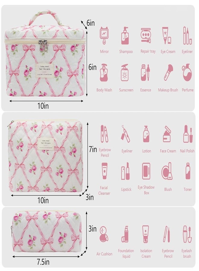 Lyrovo Makeup Organizer Cosmetic Bag Quilted Large Floral Make Up Organize Set for Women Flower Travel Toiletry Bag (Pink-Bow) - Image 5
