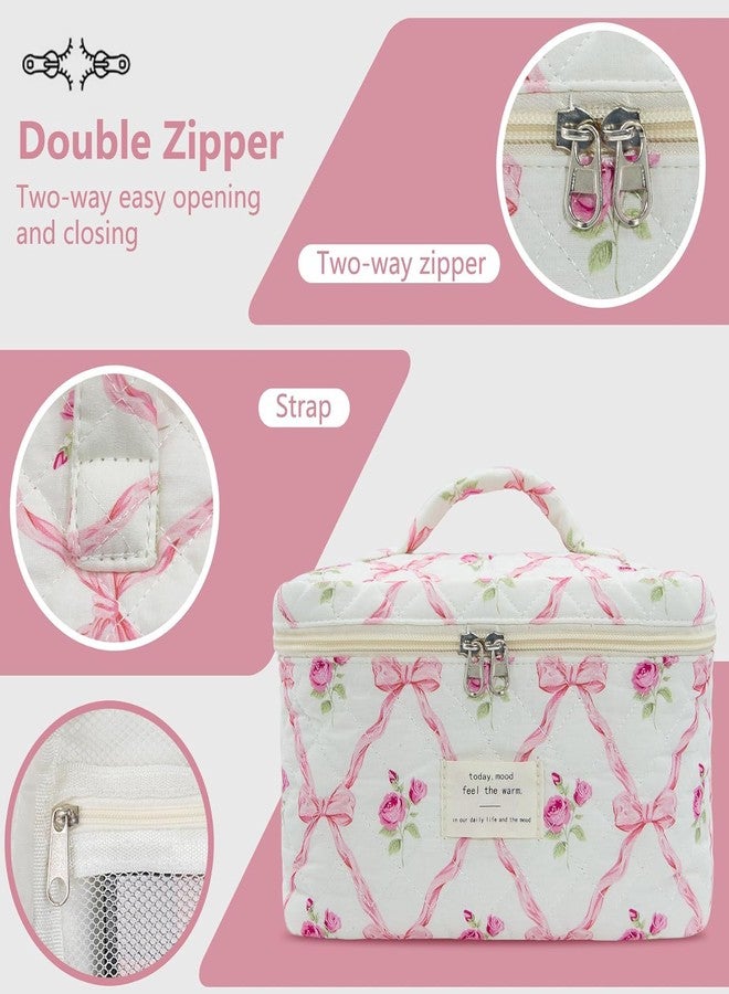 Lyrovo Makeup Organizer Cosmetic Bag Quilted Large Floral Make Up Organize Set for Women Flower Travel Toiletry Bag (Pink-Bow) - Image 3
