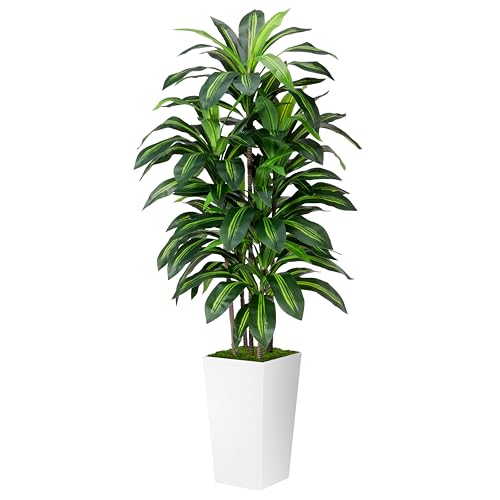 ASTIDY Artificial Dracaena Plant Indoor 5FT - Fake Tree with White Tall Planter - Faux Yucca Tall Fake Floor Plant in Pot - Artificial Trees for Home Office Living Room Decor Indoor - Image 1