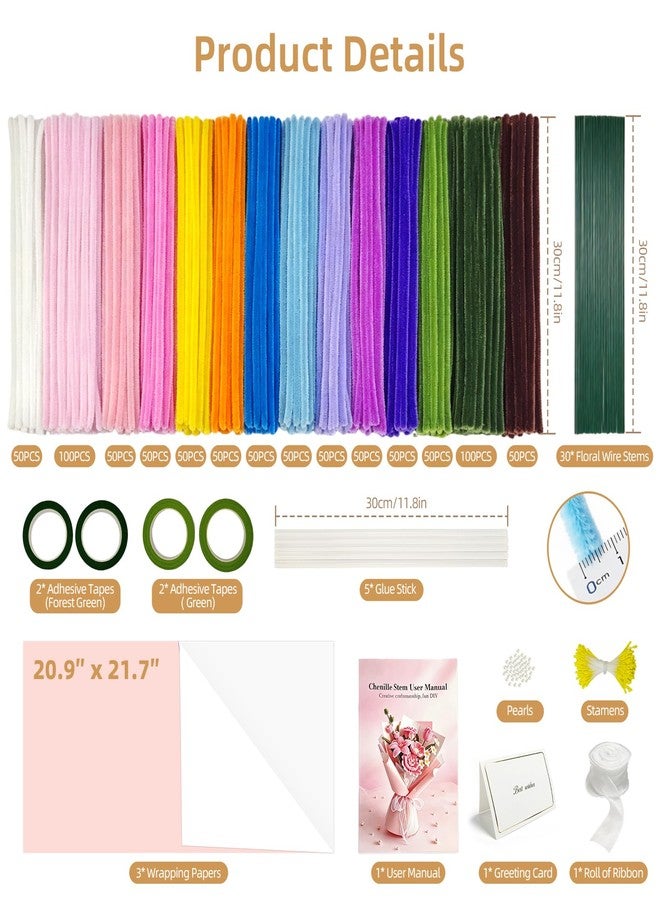 biguphate 800PCS Pipe Cleaner Flower Kit 14 Colors Chenille Stems DIY Flower Bouquet with Instruction Glue Sticks Ribbon Floral Tape, Flower Stems, Gift Wrap & More, Craft Supplies for DIY Flower Bouquet - Image 2