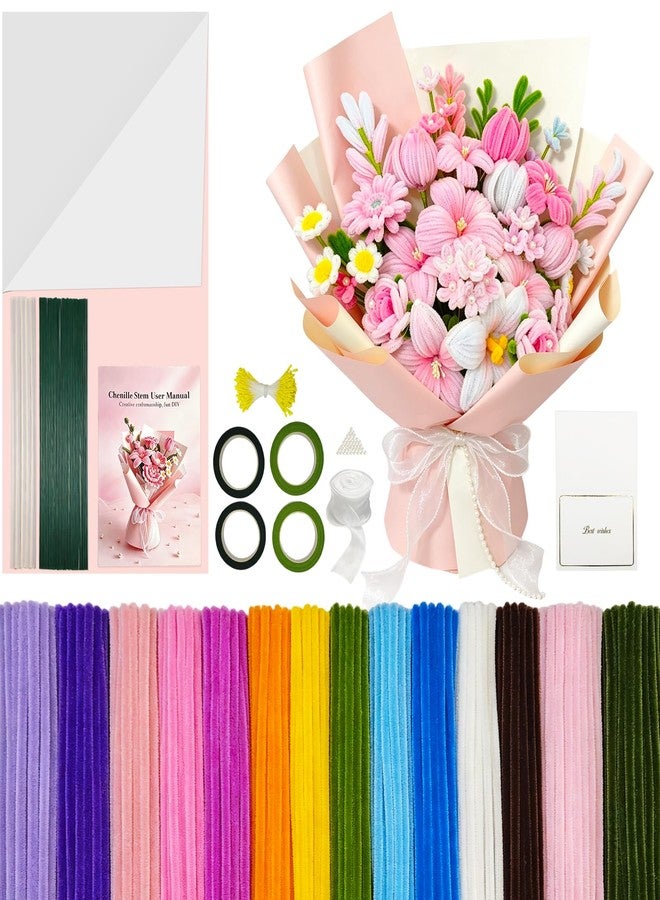 biguphate 800PCS Pipe Cleaner Flower Kit 14 Colors Chenille Stems DIY Flower Bouquet with Instruction Glue Sticks Ribbon Floral Tape, Flower Stems, Gift Wrap & More, Craft Supplies for DIY Flower Bouquet - Image 1