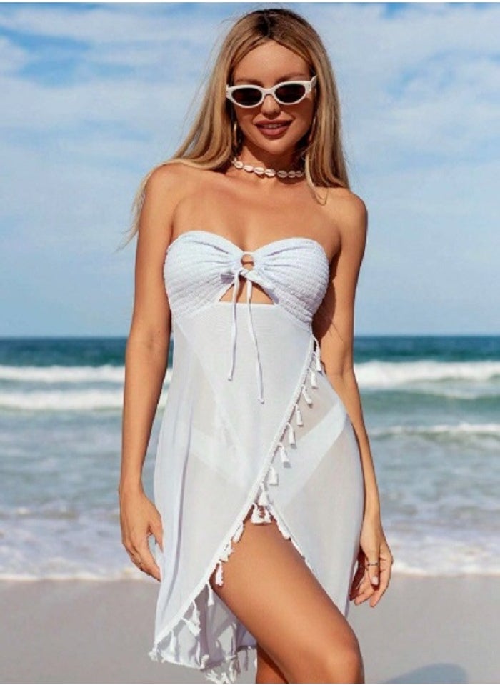 Shein - Tassel Trim Drawstring Strapless Cover Up Dress For Summer - Image 1