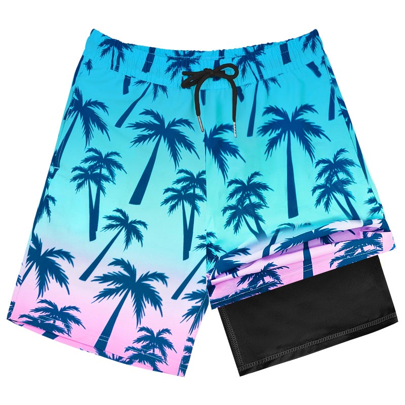 OlyPegic Boys Swim Trunks Size 14-16, Boy Swim Shorts Boy Bathing Suit Swimsuit Kids Swimwear Board Shorts with Boxer Brief Liner Compression Toddler Beach Running Swim Trunks (Coconut Tree) - Image 1
