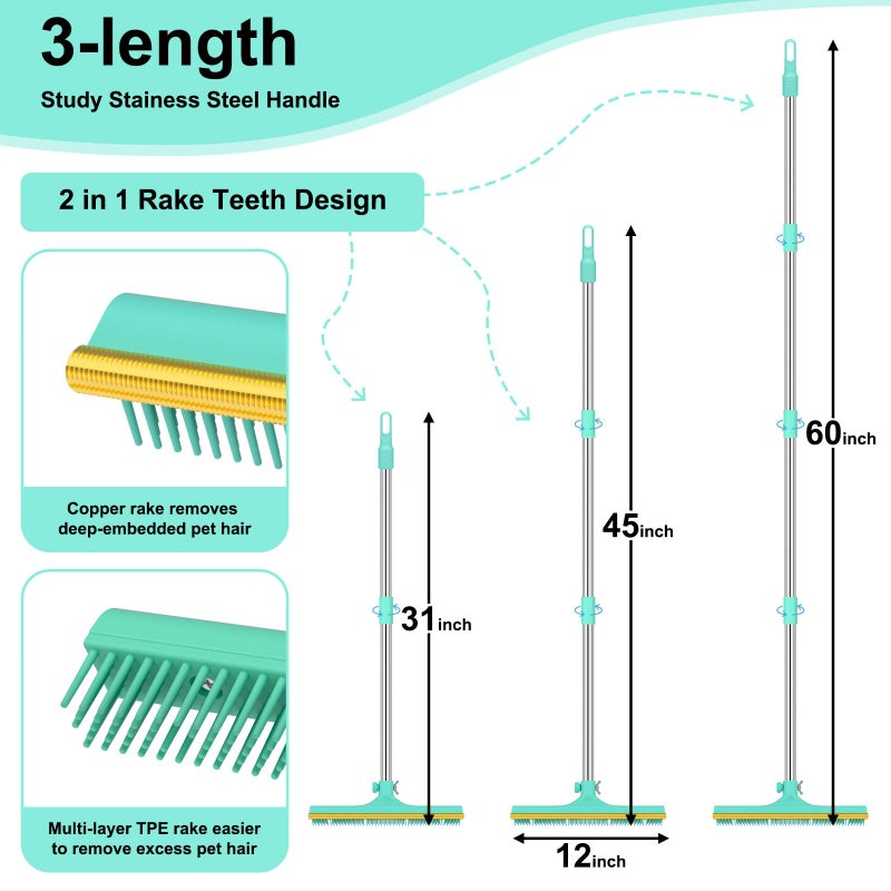 Nrefpun Carpet Rake for Pet Hair Removal - 60" Adjustable Long Handle Carpet Rake, 3 in 1 Reusable Pet Hair Removal Tool Kit, Cat Dog Fur Rakes Scraper Carpet Broom for Carpets, Rugs, Mats - Image 4