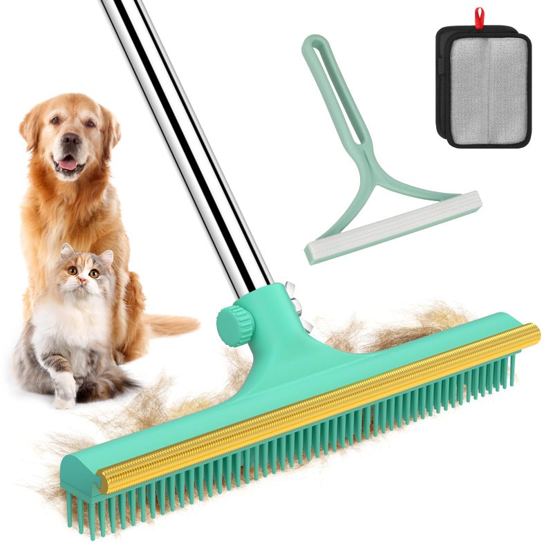 Nrefpun Carpet Rake for Pet Hair Removal - 60" Adjustable Long Handle Carpet Rake, 3 in 1 Reusable Pet Hair Removal Tool Kit, Cat Dog Fur Rakes Scraper Carpet Broom for Carpets, Rugs, Mats - Image 1