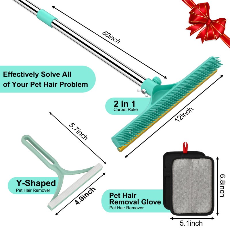 Nrefpun Carpet Rake for Pet Hair Removal - 60" Adjustable Long Handle Carpet Rake, 3 in 1 Reusable Pet Hair Removal Tool Kit, Cat Dog Fur Rakes Scraper Carpet Broom for Carpets, Rugs, Mats - Image 2