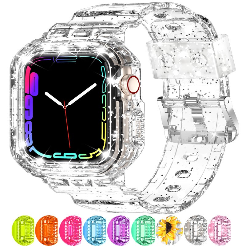 XYF Compatible for Crystal Clear Apple Watch Bands, 45mm 44mm 42mm Bumper Case for Men Women Jelly Sport Cover Strap for iWatch Ultra 3 2 Series 11 10 9 8 7 SE 6 5 4 3 (GlitterClear, 42/44/45) - Image 1