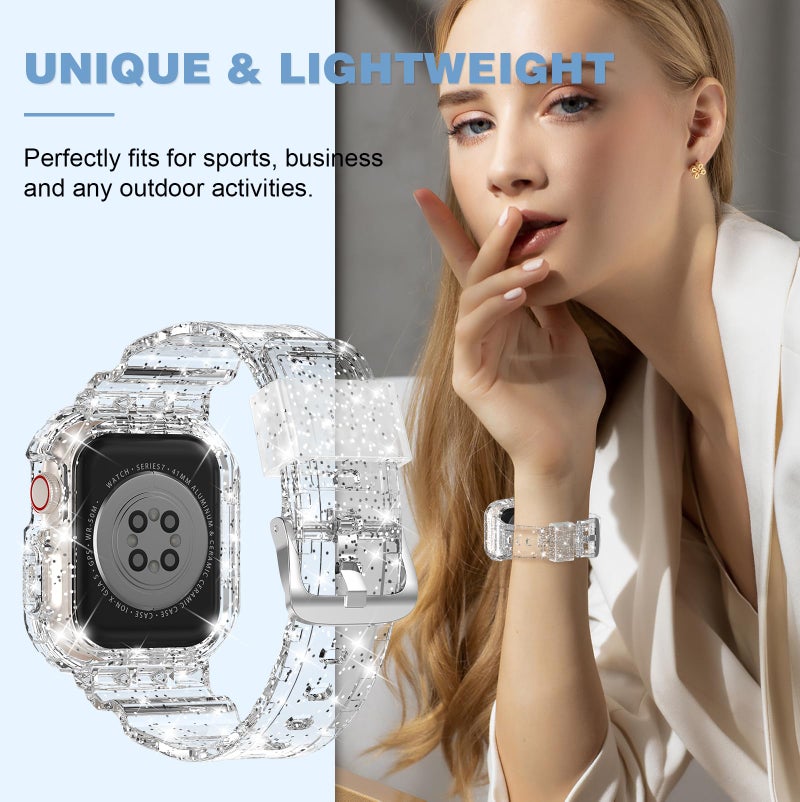 XYF Compatible for Crystal Clear Apple Watch Bands, 45mm 44mm 42mm Bumper Case for Men Women Jelly Sport Cover Strap for iWatch Ultra 3 2 Series 11 10 9 8 7 SE 6 5 4 3 (GlitterClear, 42/44/45) - Image 5