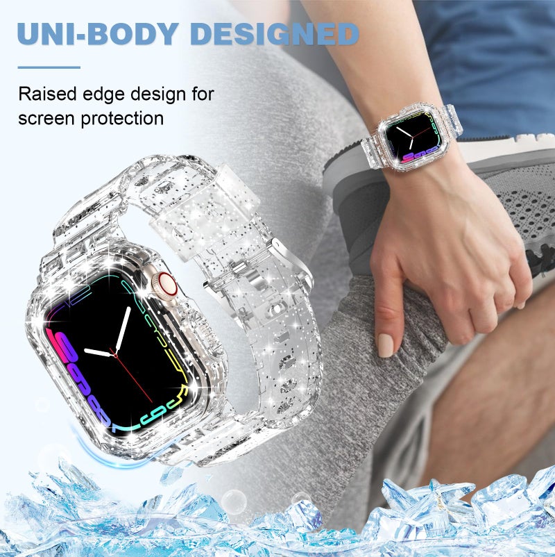XYF Compatible for Crystal Clear Apple Watch Bands, 45mm 44mm 42mm Bumper Case for Men Women Jelly Sport Cover Strap for iWatch Ultra 3 2 Series 11 10 9 8 7 SE 6 5 4 3 (GlitterClear, 42/44/45) - Image 4