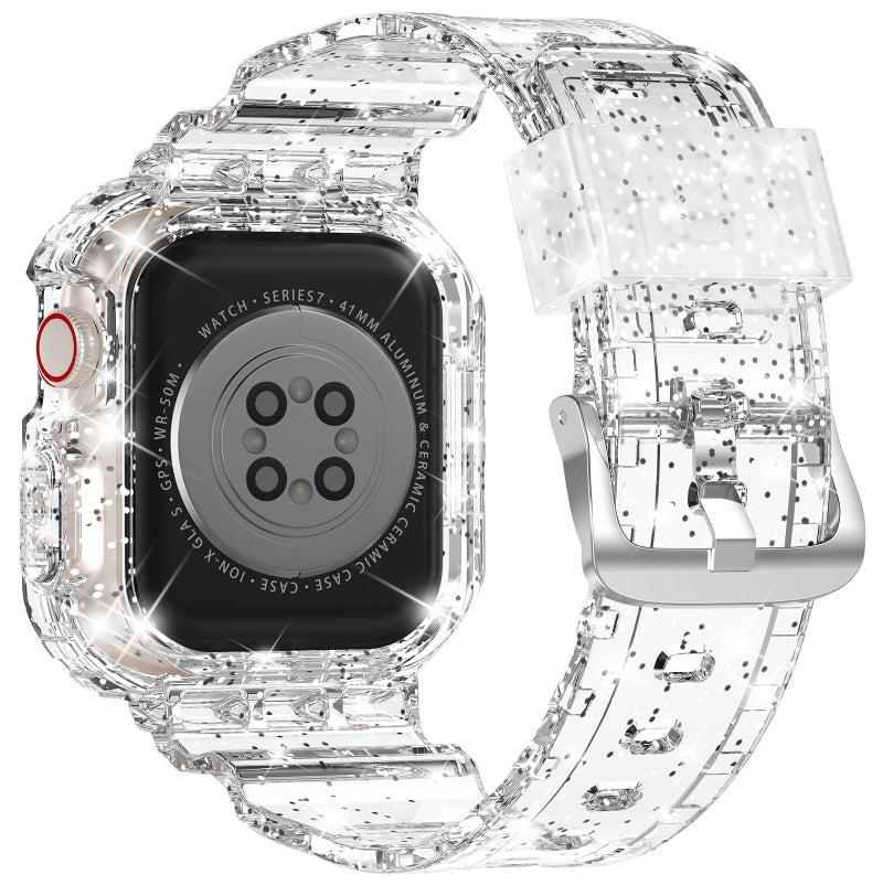 XYF Compatible for Crystal Clear Apple Watch Bands, 45mm 44mm 42mm Bumper Case for Men Women Jelly Sport Cover Strap for iWatch Ultra 3 2 Series 11 10 9 8 7 SE 6 5 4 3 (GlitterClear, 42/44/45) - Image 2
