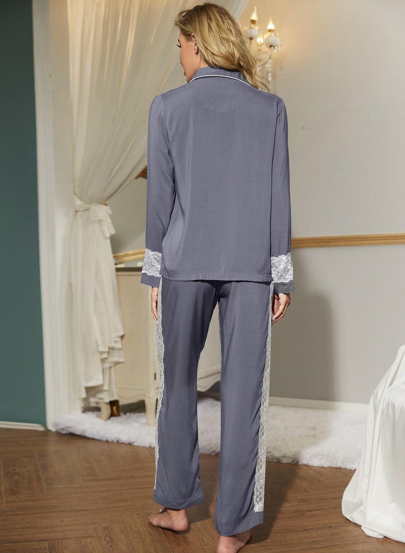 Loquat Women's Lace Stitching Loose 2-Piece Set Pajamas Long Sleeve top And Pants Soft Loungewear Nightgown Suit Leisure Wear Grey  - Image 3