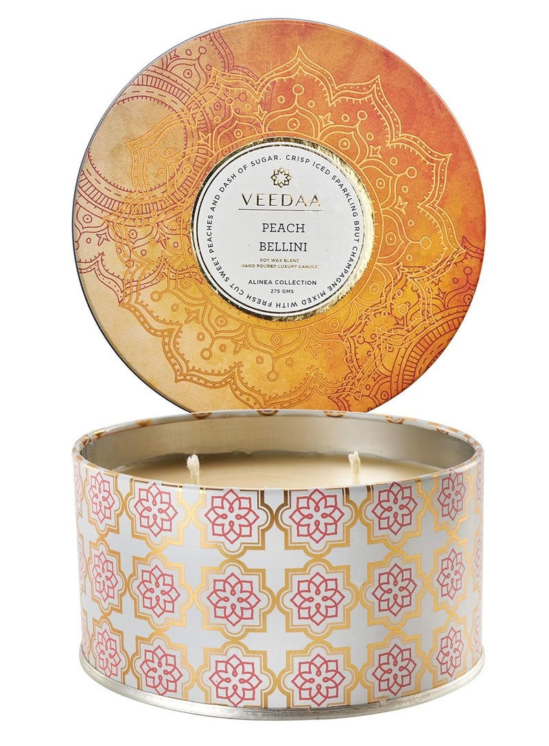 VEEDAA Peach Bellini 3 Wick Tin Soy Scented Candle Burns 40 Hours - Image 1
