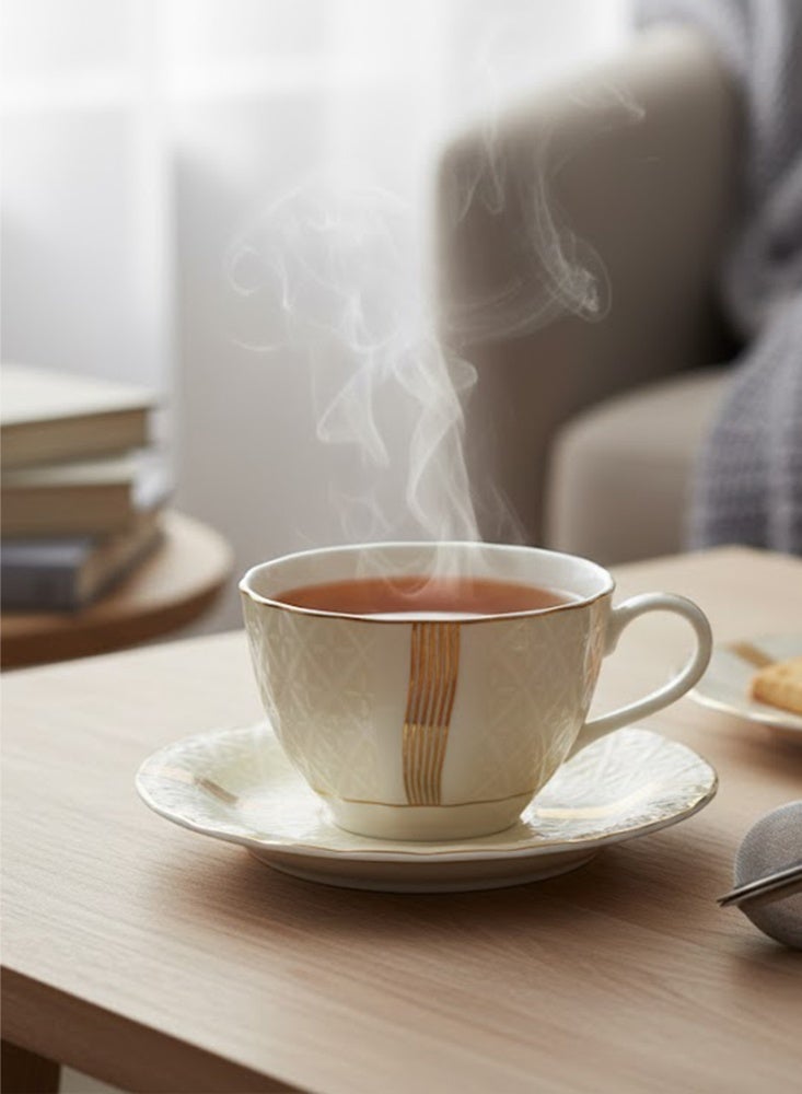 Shallow Porcelain Amara Tea Cup & Saucer Set, 220ml (6 Cups, 6 Saucer, White) - Image 1