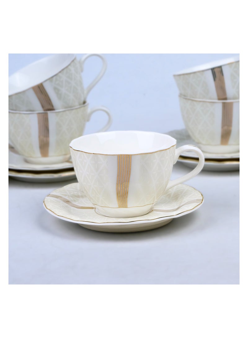 Shallow Porcelain Amara Tea Cup & Saucer Set, 220ml (6 Cups, 6 Saucer, White) - Image 3