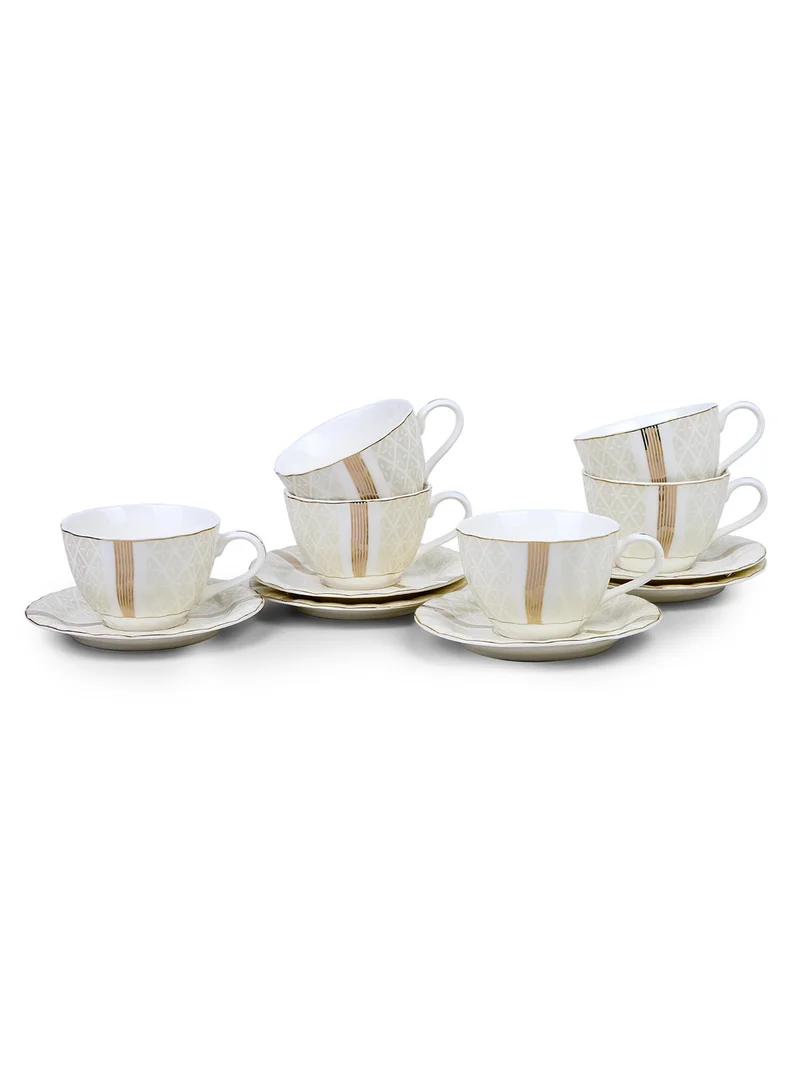 Shallow Shallow Porcelain Amara Tea Cup & Saucer Set, 220ml (6 Cups, 6 Saucer, White)