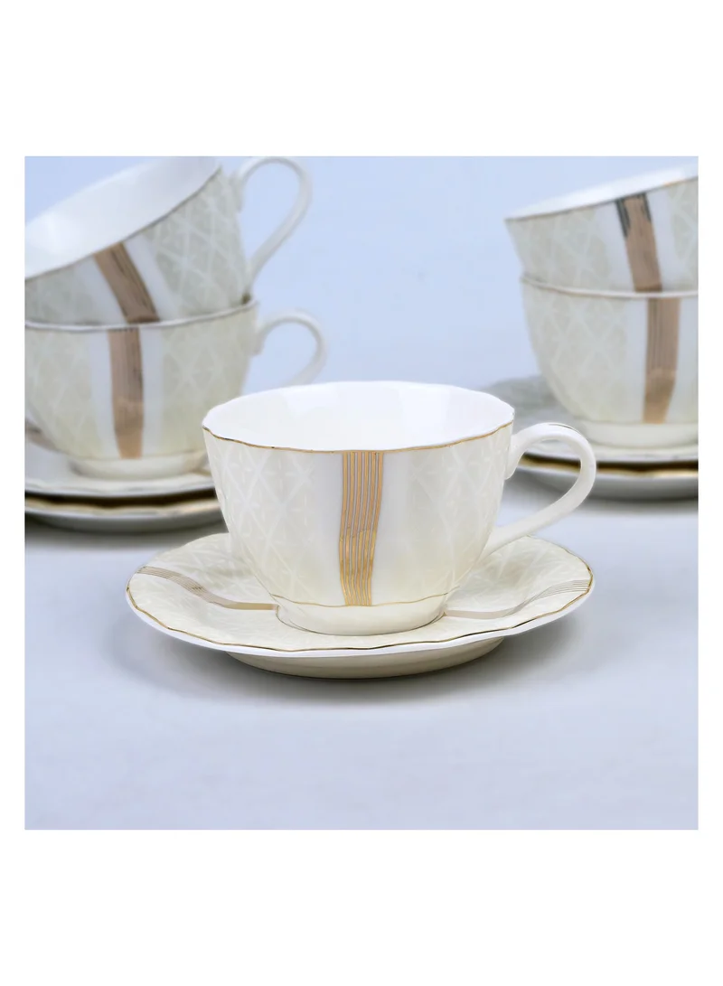 Shallow Shallow Porcelain Amara Tea Cup & Saucer Set, 220ml (6 Cups, 6 Saucer, White)
