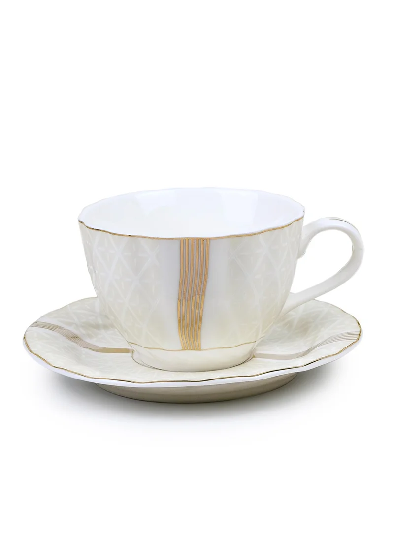 Shallow Shallow Porcelain Amara Tea Cup & Saucer Set, 220ml (6 Cups, 6 Saucer, White)