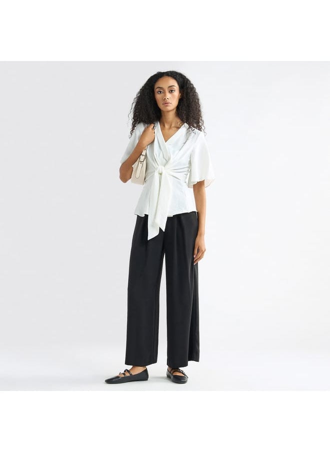 FAV Solid V-neck Top with Flutter Sleeves and Knot Detail  - Image 2
