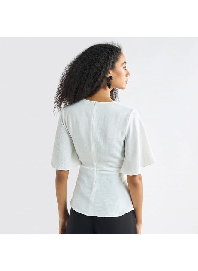 FAV Solid V-neck Top with Flutter Sleeves and Knot Detail  - Image 3