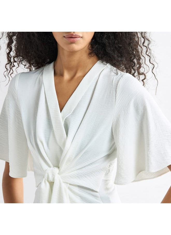 FAV Solid V-neck Top with Flutter Sleeves and Knot Detail  - Image 4