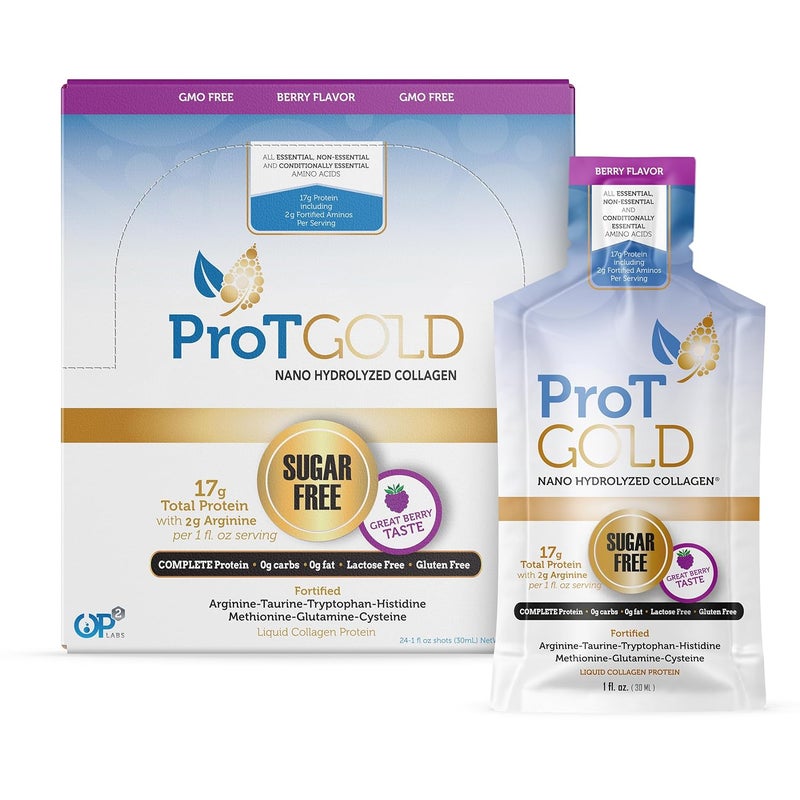 ProT Gold Liquid Collagen Protein Shot 17g Clear Protein NanoHydrolyzed Grass Fed Collagen 2g Arginine for Wound Support Gluten Free Sugar Free 0g Carbs Non GMO Berry 1 fl oz 24 Pack - Image 1