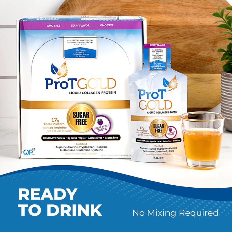ProT Gold Liquid Collagen Protein Shot 17g Clear Protein NanoHydrolyzed Grass Fed Collagen 2g Arginine for Wound Support Gluten Free Sugar Free 0g Carbs Non GMO Berry 1 fl oz 24 Pack - Image 5
