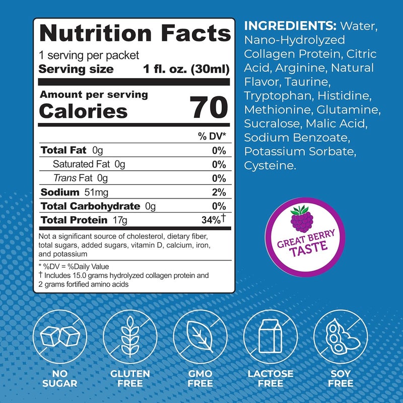 ProT Gold Liquid Collagen Protein Shot 17g Clear Protein NanoHydrolyzed Grass Fed Collagen 2g Arginine for Wound Support Gluten Free Sugar Free 0g Carbs Non GMO Berry 1 fl oz 24 Pack - Image 2