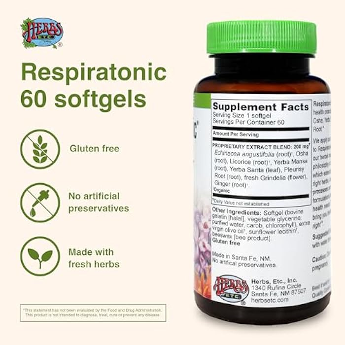 Herbs Etc. Respiratonic Softgels - Respiratory Support for Easy Breathing - Herbal Supplement with OSHA Root, Yerba Santa & Pleurisy Root - Gluten-Free & Organic - 60 Count (60 Servings) - Image 3