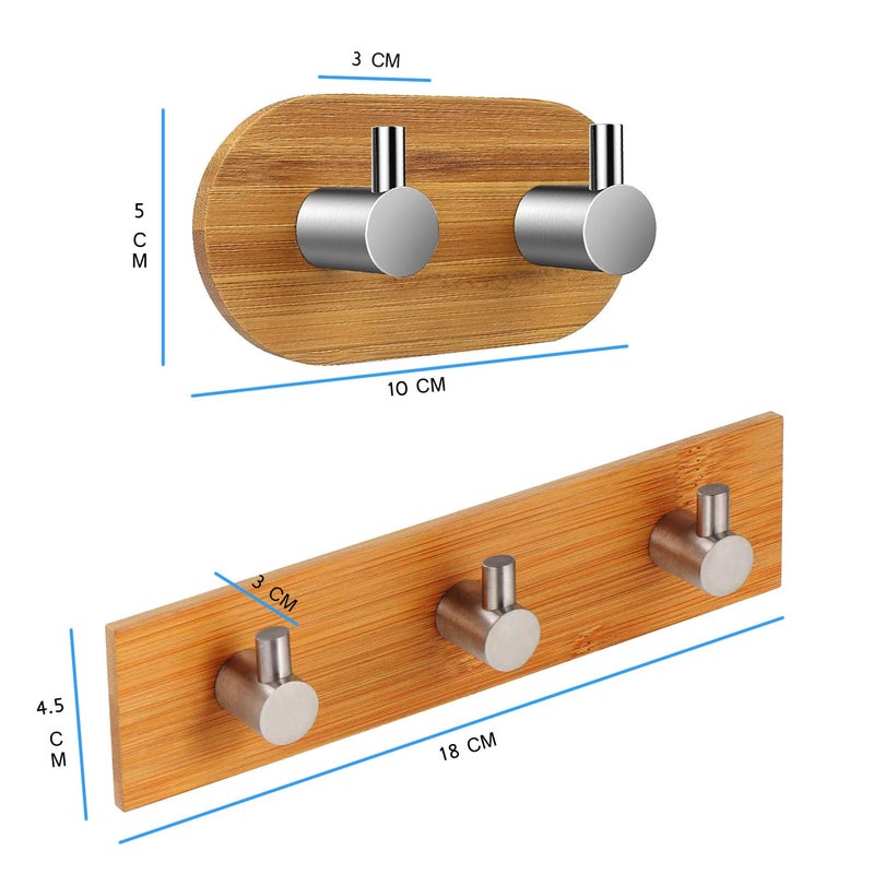 ARQIVO Stainless Steel Hooks Bamboo Towel Hooks Waterproof Adhesive Hooks Wood Self Adhesive Hooks Holder with Wood for Bathroom Toilet Kitchen Bedroom Triple Hook Pack of 2 - Image 2