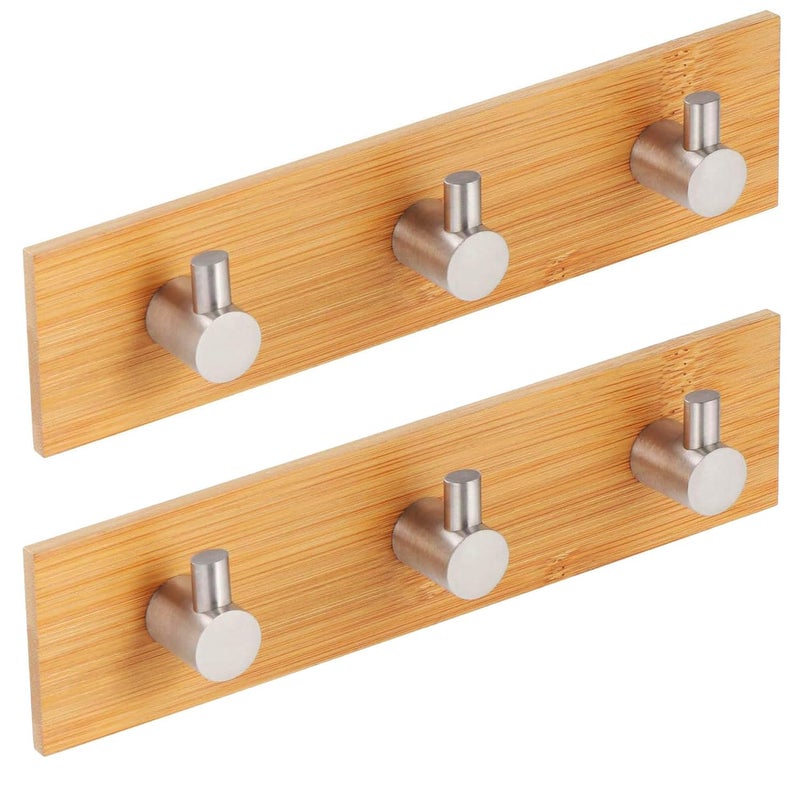 ARQIVO Stainless Steel Hooks Bamboo Towel Hooks Waterproof Adhesive Hooks Wood Self Adhesive Hooks Holder with Wood for Bathroom Toilet Kitchen Bedroom Triple Hook Pack of 2 - Image 1