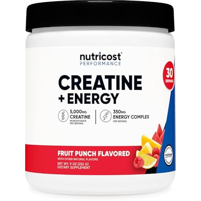 Nutricost Creatine + Energy 30 Servings (Fruit Punch Flavored) - 5,000mg Creatine Monohydrate + 350mg Energy Complex Per Serving - Image 1
