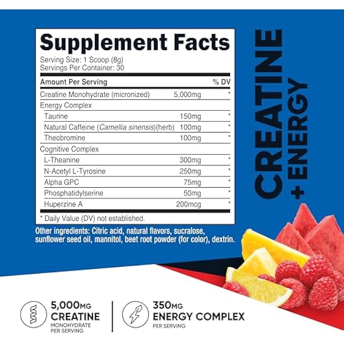 Nutricost Creatine + Energy 30 Servings (Fruit Punch Flavored) - 5,000mg Creatine Monohydrate + 350mg Energy Complex Per Serving - Image 2