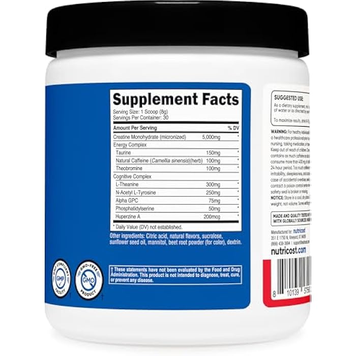 Nutricost Creatine + Energy 30 Servings (Fruit Punch Flavored) - 5,000mg Creatine Monohydrate + 350mg Energy Complex Per Serving - Image 5