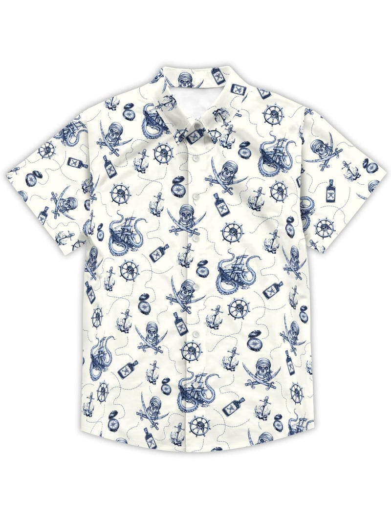 DFZ Men's Kraken Theme Button Down Blue Ship Anchor Hawaiian Shirt Nautical Outfits for Men Cruise Pirate Night - Image 3