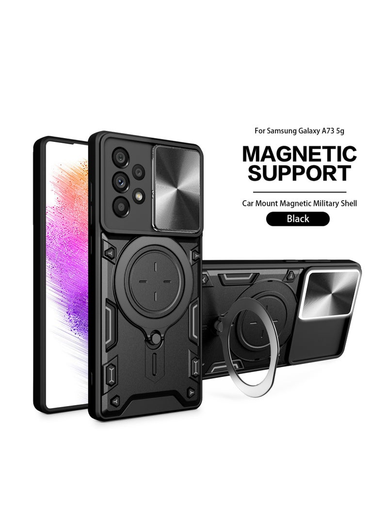 Samsung Galaxy A73 5G 2022 Black Mobile Phone Case Cover, Slide Camera Lens Cover, 360°Rotating Kickstand Ring, Bumper Shockproof Phone Case，Compatible with Car Magnetic Mount  - Image 1