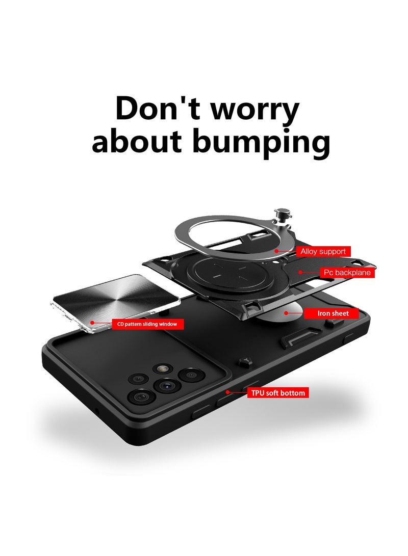 Samsung Galaxy A73 5G 2022 Black Mobile Phone Case Cover, Slide Camera Lens Cover, 360°Rotating Kickstand Ring, Bumper Shockproof Phone Case，Compatible with Car Magnetic Mount  - Image 3