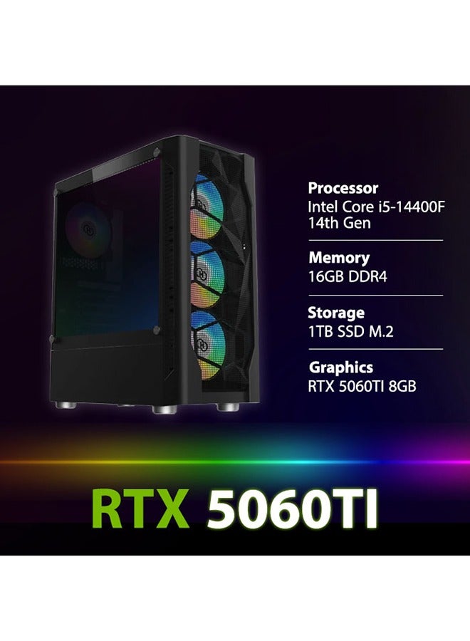Generic PC Gaming With Intel Core i5-14400F Processor/ 16GB RAM DDR5/ 1TB SSD/ 8GB Nvidia GeForce RTX 5060 TI Graphics/Windows 11 Pro/ Black 
