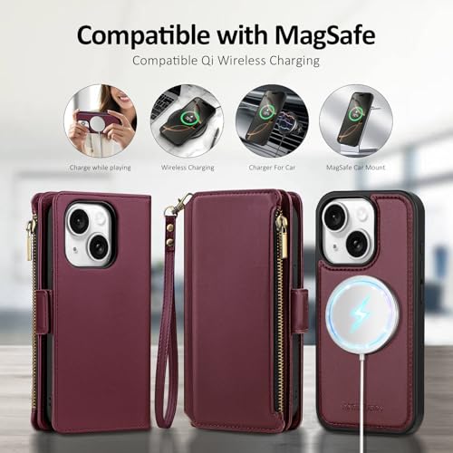 Antsturdy Compatible with Magsafe Magnetic 2 in 1 Detachable iPhone 15 Wallet Case with Credit Card Holder Slots,PU Leather Flip RFID Blocking Phone Cover Wrist Strap Zipper Women Men,Wine Red - Image 4