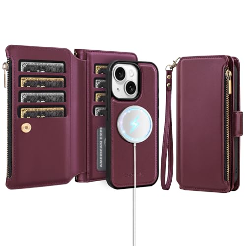 Antsturdy Compatible with Magsafe Magnetic 2 in 1 Detachable iPhone 15 Wallet Case with Credit Card Holder Slots,PU Leather Flip RFID Blocking Phone Cover Wrist Strap Zipper Women Men,Wine Red - Image 1