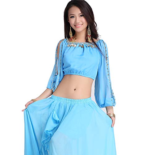 ZLTdream Lady's Belly Dance Long Sleeves Chiffon Top Blue - Image 4