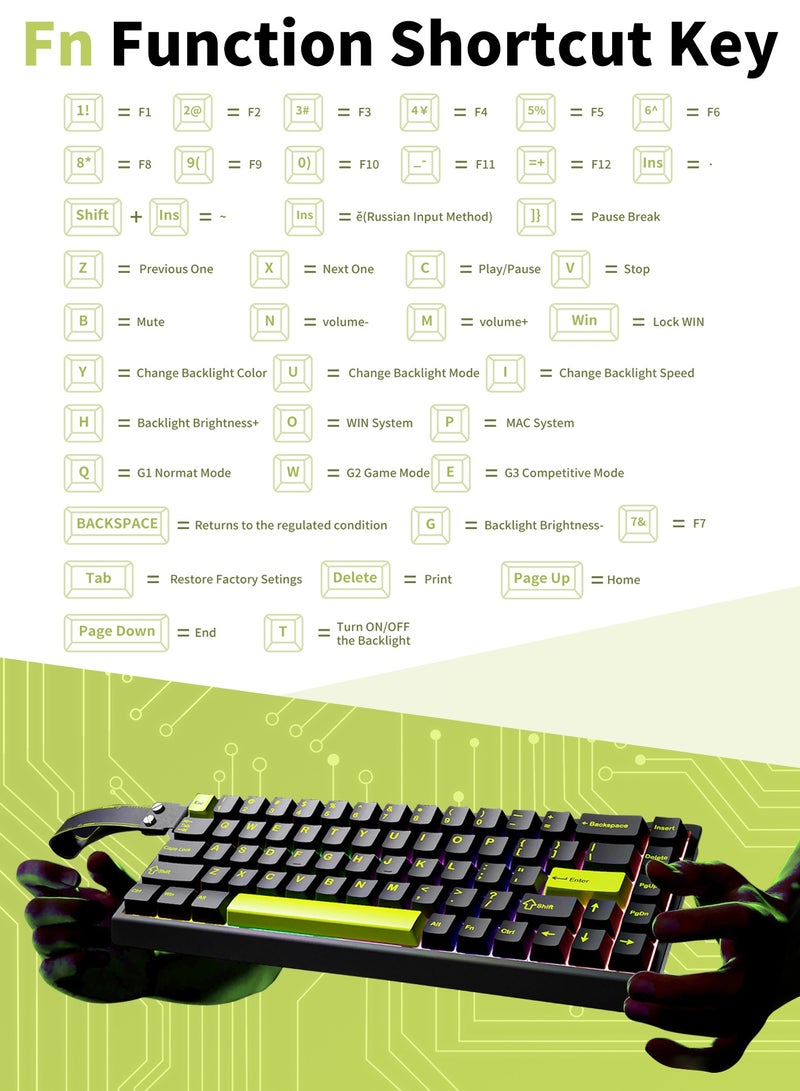 68 Keys Mechanical gaming keyboard with rainbow LED RGB backlighting, removable keycaps, wired USB gaming keyboard, 68-key layout, black and green. - Image 4