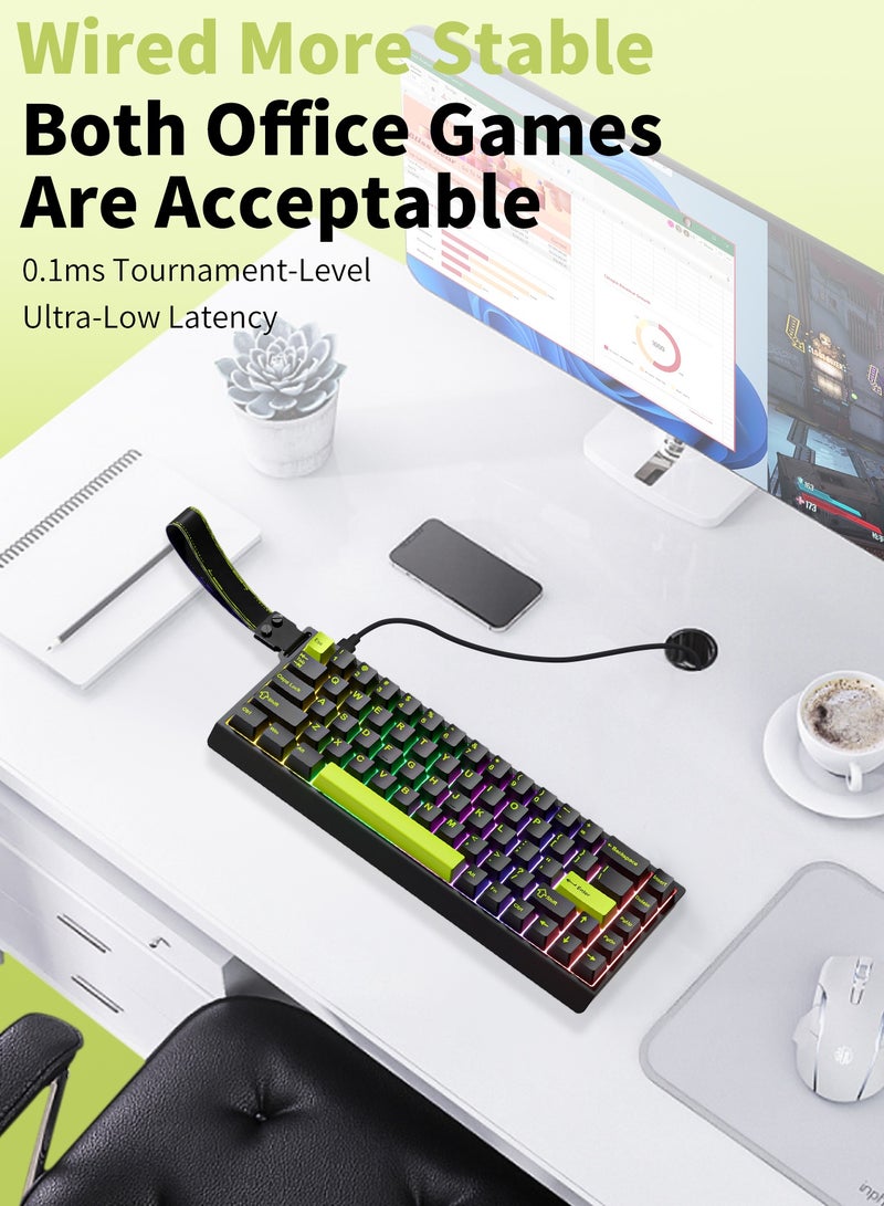 68 Keys Mechanical gaming keyboard with rainbow LED RGB backlighting, removable keycaps, wired USB gaming keyboard, 68-key layout, black and green. - Image 5