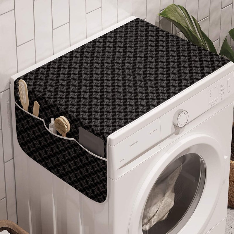Charcoal Washing Machine Organizer, Monochromatic Pattern of Repetitive Geometric Stars, Anti-slip Fabric Cover for Washers and Dryers, 47" x 18.5", Grey Charcoal