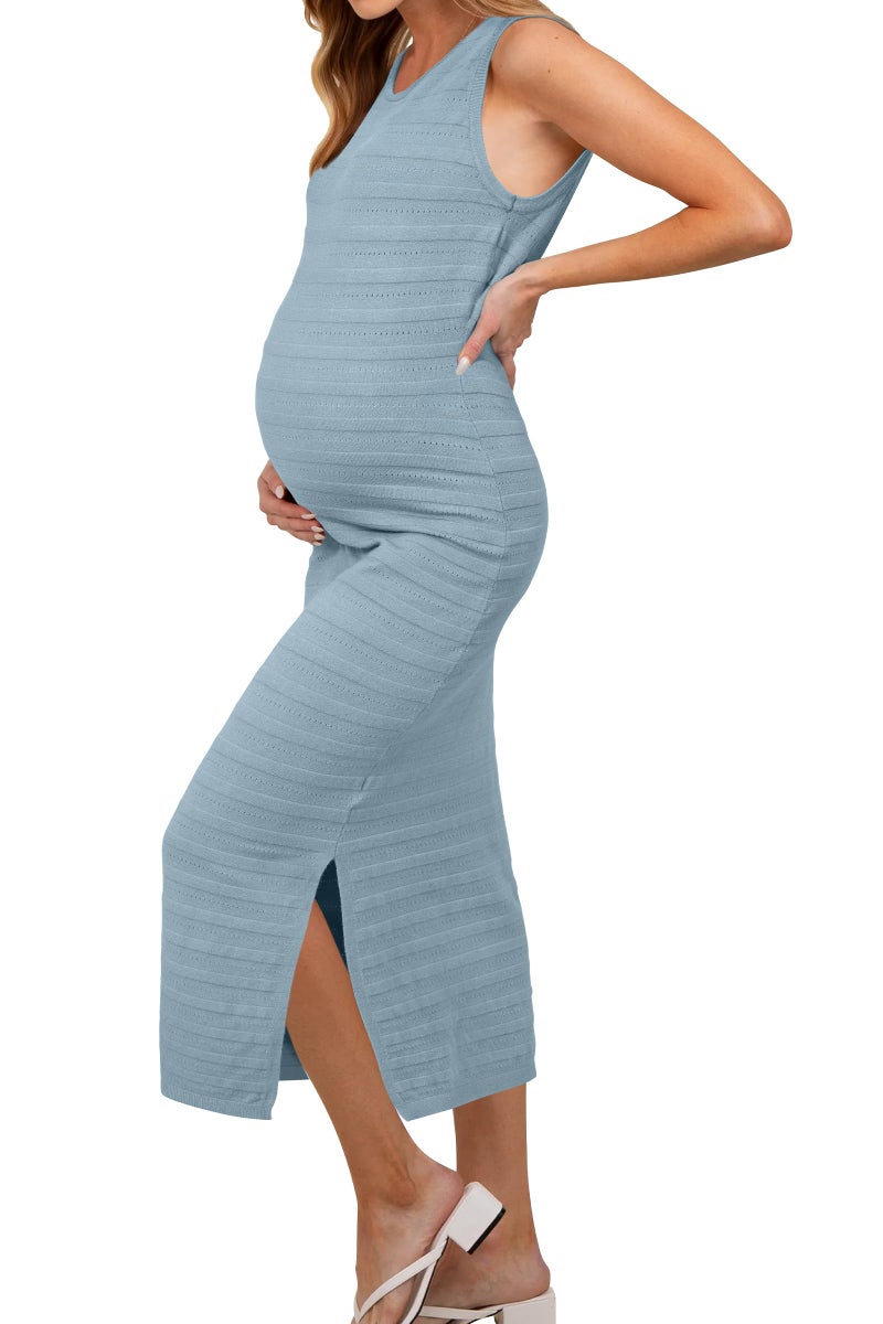 OUGES Women's 2026 Summer Maternity Dress for Photoshoot Baby Shower Midi Dress Sleeveless Crewneck Side Slit Bodycon Knit Sweater Dress(Light Blue,M) - Image 1