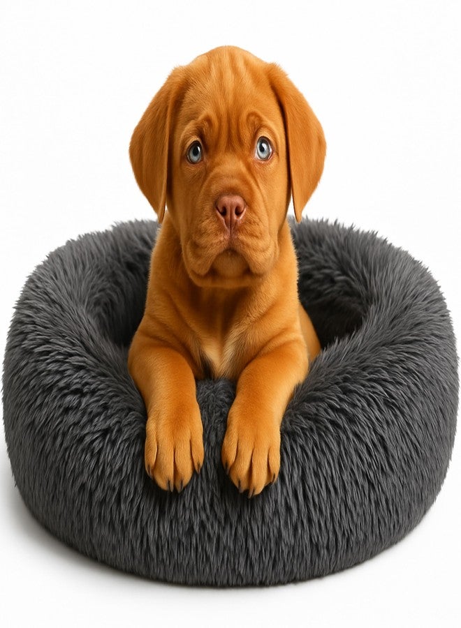 SHINY-V Calming Dog Bed - Fluffy Donut Cuddler for Anxiety Relief, Orthopedic Pet Bed with Non-Slip Bottom, Cozy Round Faux Fur Nest for Dogs and Cats, Plush Crate Mat for Comfort (Dark Grey, Small) - Image 1