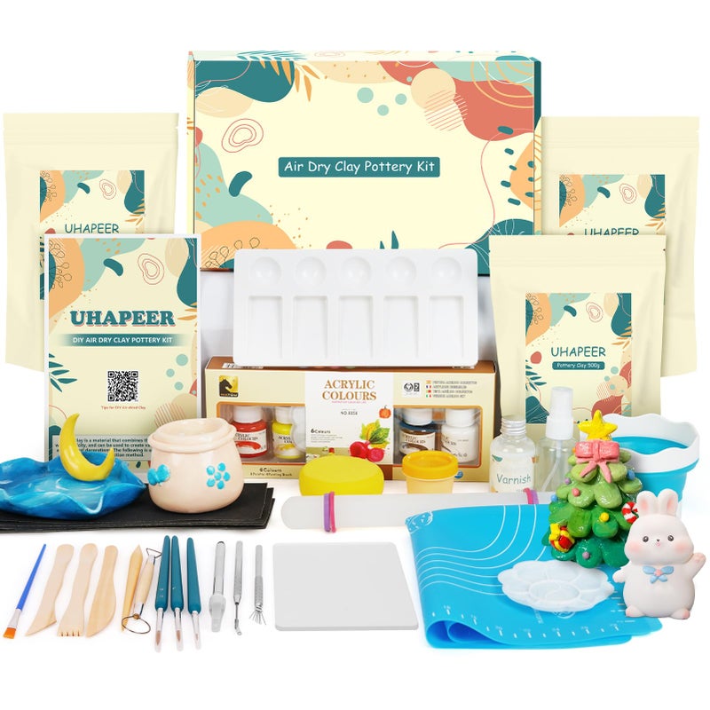 UHAPEER Air Dry Clay Kit for Adults, Pottery Set for Beginners with Clay, Sculpting Tools, Varnish, Pottery Paint, Step-by-Step Guide & Video, Gift for Arts Crafts Lover - Image 1