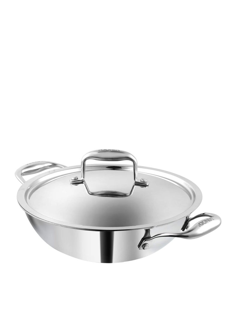 Vinod Platinum Triply Stainless Steel Kadai with Lid- 24 cm, 2.5 L, Silver (Induction Friendly)